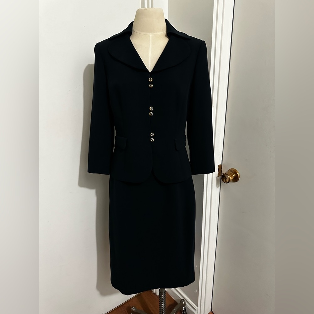 Women’s Navy Blue Suit, Gold Button Accents, Size 6 Blazer & Size 10 Skirt